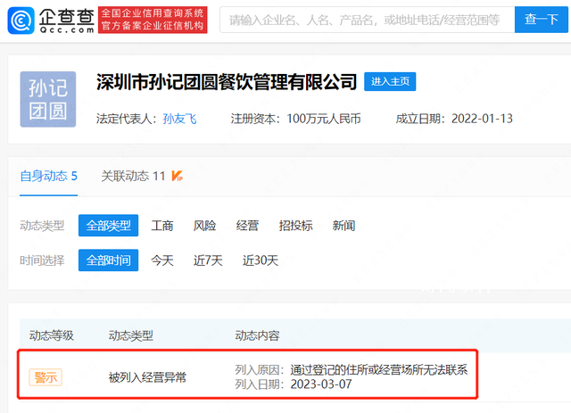 孫海洋夫婦餐飲公司被列經(jīng)營異常 將去登記變更辦公場所