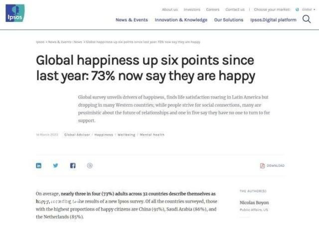 機構:中國人幸福感全球最高
