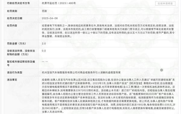 杭州寶馬4S店誘導(dǎo)顧客到店消費(fèi)被罰 虛構(gòu)客戶車(chē)輛電瓶使用不穩(wěn)定的信息