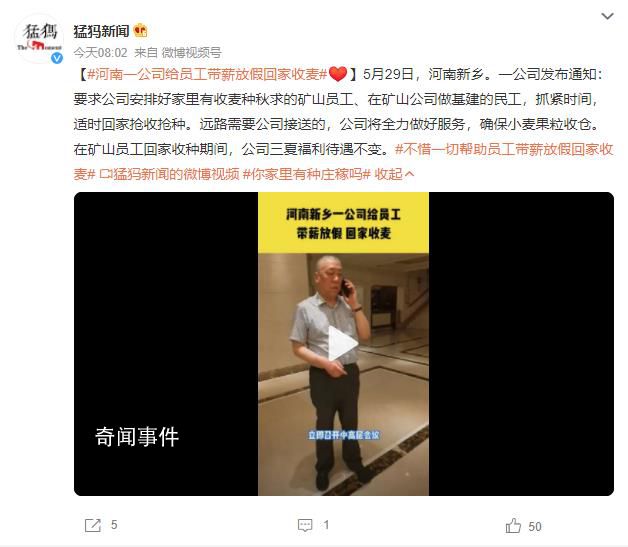 河南一公司給員工帶薪放假回家收麥 公司將全力做好服務確保小麥果粒收倉