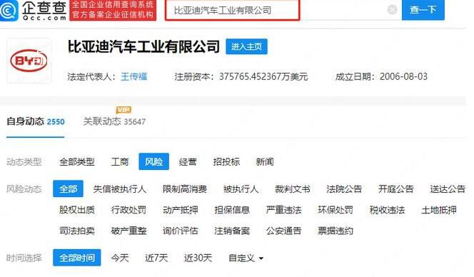 比亞迪汽車工業(yè)公司經營異常 通過登記的住所或經營場所無法聯系