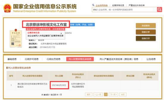 蔡徐坤工作室被列入經(jīng)營(yíng)異常名錄 這究竟是怎么回事