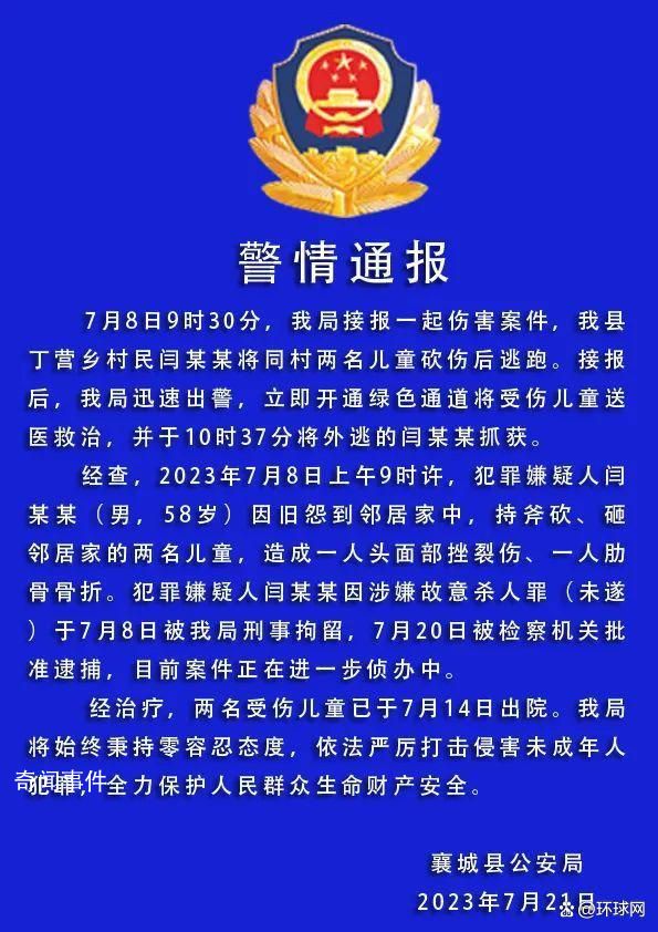 老人持斧砍砸2兒童涉故意殺人罪被捕 目前案件正在進一步偵辦中