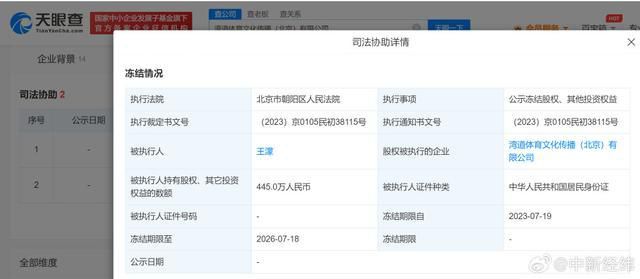 王濛所持445萬股權被凍結 凍結期限自2023年7月19日至2026年7月18日