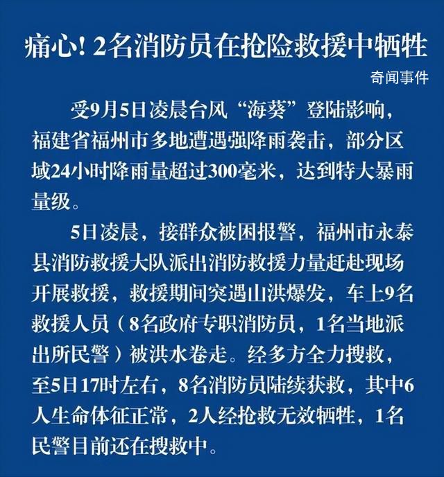 福州2名消防員在搶險救援中犧牲 1名民警仍在搜救中