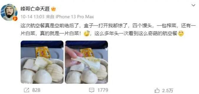 博主吐槽飛機餐發4個饅頭1片白菜 過于寒酸